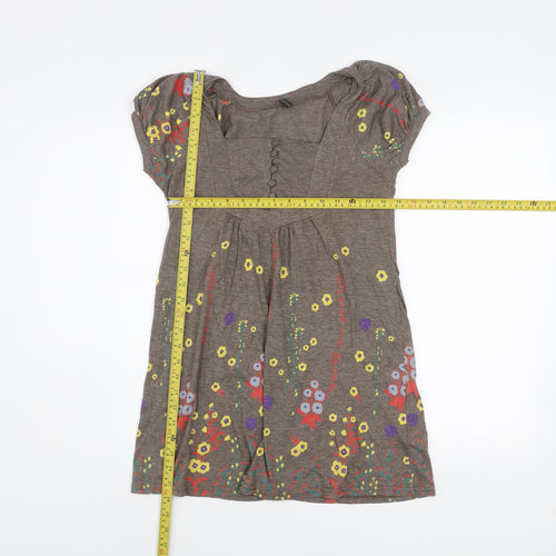Topshop Women Brown Floral Short Sleeve Shift Dress Size 8