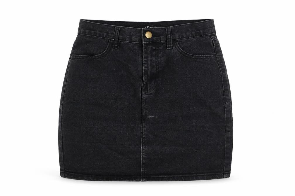 Front view of Forever 21 Women's Black Denim Short Pencil Skirt, size S