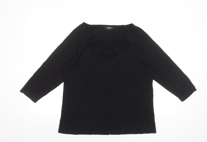 Jeanswest Women's Black Cotton Tunic Blouse Size M 3/4 Sleeve Crochet Detail