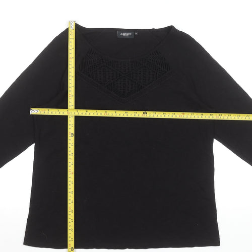 Jeanswest Women's Black Cotton Tunic Blouse Size M 3/4 Sleeve Crochet Detail