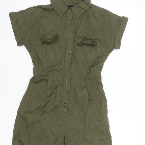 New Look Women Green Button-Up Collared Short Sleeve Playsuit Size 12