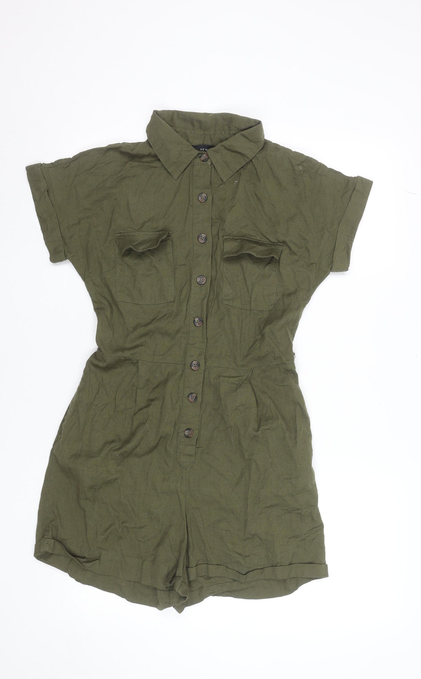 New Look Women Green Button-Up Collared Short Sleeve Playsuit Size 12