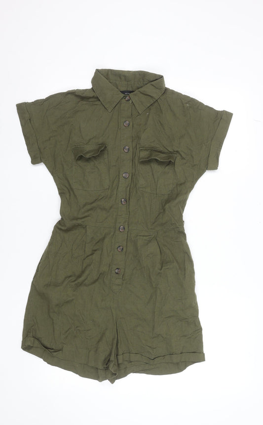 New Look Women Green Button-Up Collared Short Sleeve Playsuit Size 12