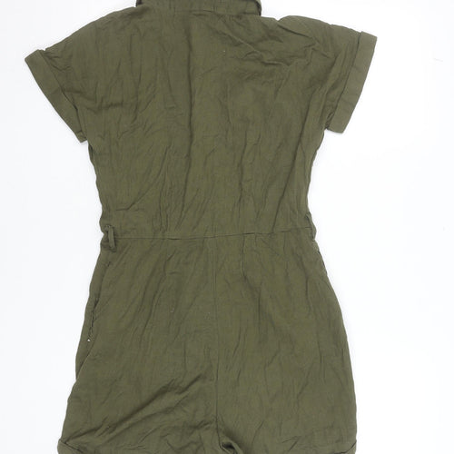 New Look Women Green Button-Up Collared Short Sleeve Playsuit Size 12