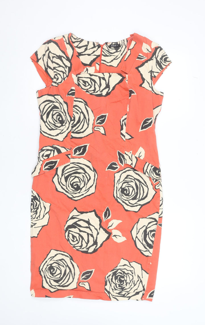 Roman Women Orange Floral Sheath Knee Length Dress Size 14