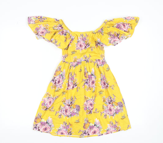 Next Girls Yellow Floral Off Shoulder Cotton Dress 6 Years