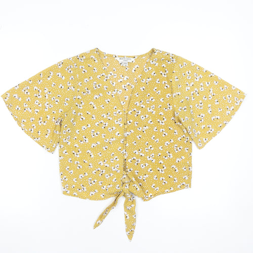 Brave Soul Womens Yellow Floral Cropped Tie Front Blouse XS
