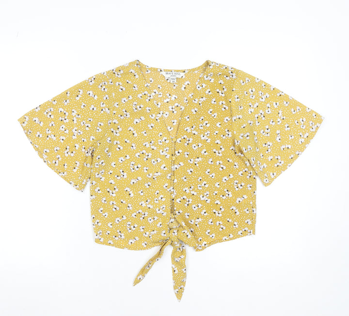 Brave Soul Womens Yellow Floral Cropped Tie Front Blouse XS