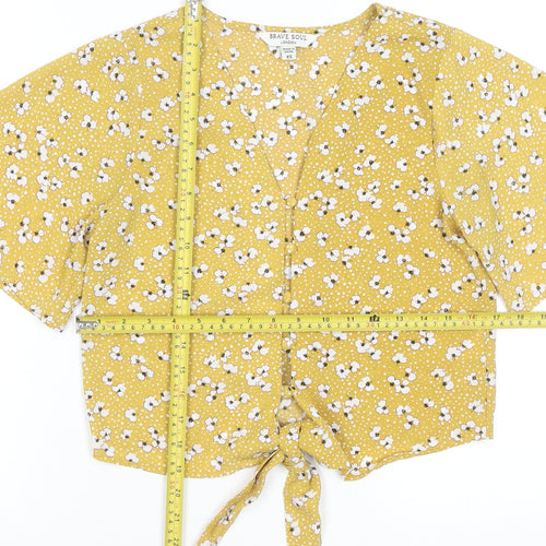 Brave Soul Womens Yellow Floral Cropped Tie Front Blouse XS