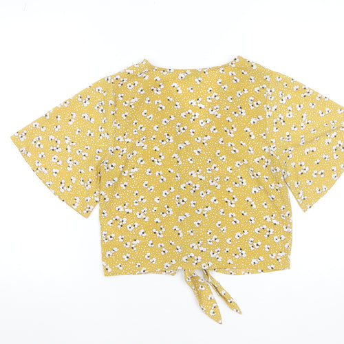 Brave Soul Womens Yellow Floral Cropped Tie Front Blouse XS