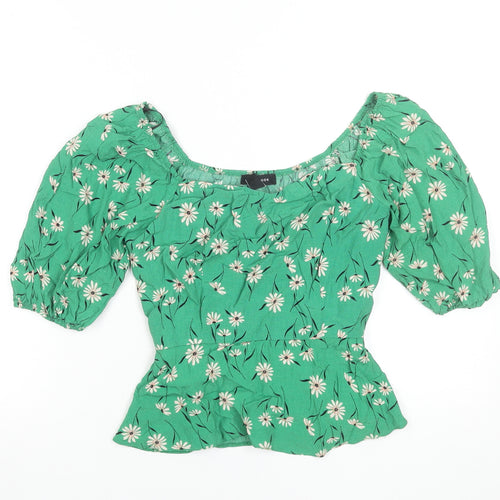 New Look Women Green Floral Peasant Blouse UK 10 Puff Sleeve Viscose Top