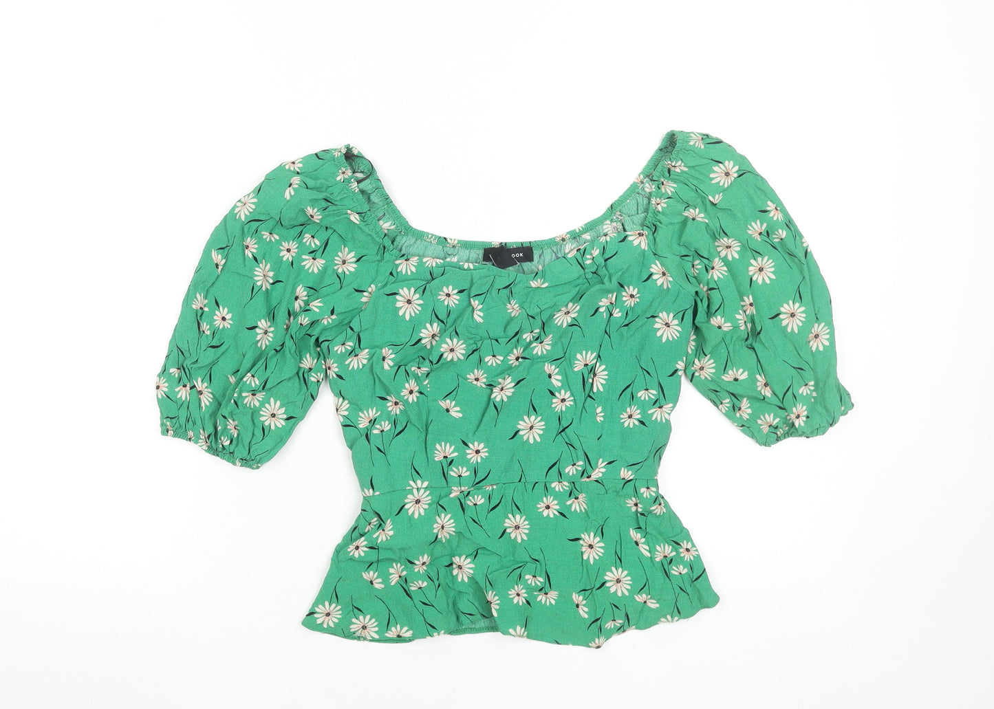 New Look Women Green Floral Peasant Blouse UK 10 Puff Sleeve Viscose Top