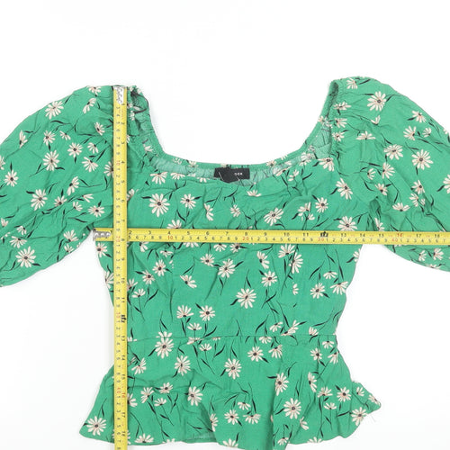 New Look Women Green Floral Peasant Blouse UK 10 Puff Sleeve Viscose Top