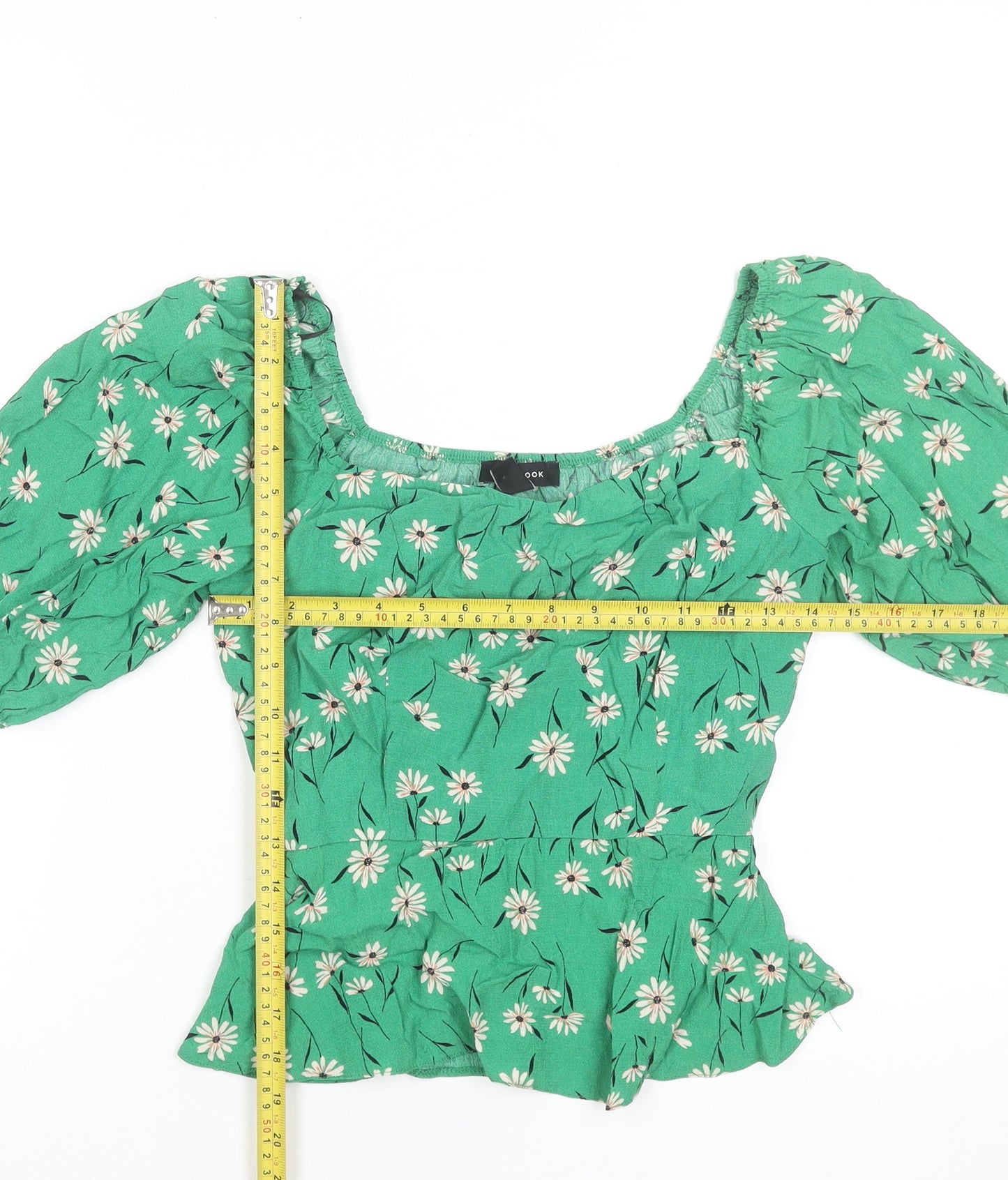 New Look Women Green Floral Peasant Blouse UK 10 Puff Sleeve Viscose Top