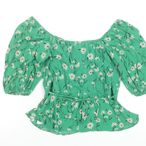New Look Women Green Floral Peasant Blouse UK 10 Puff Sleeve Viscose Top
