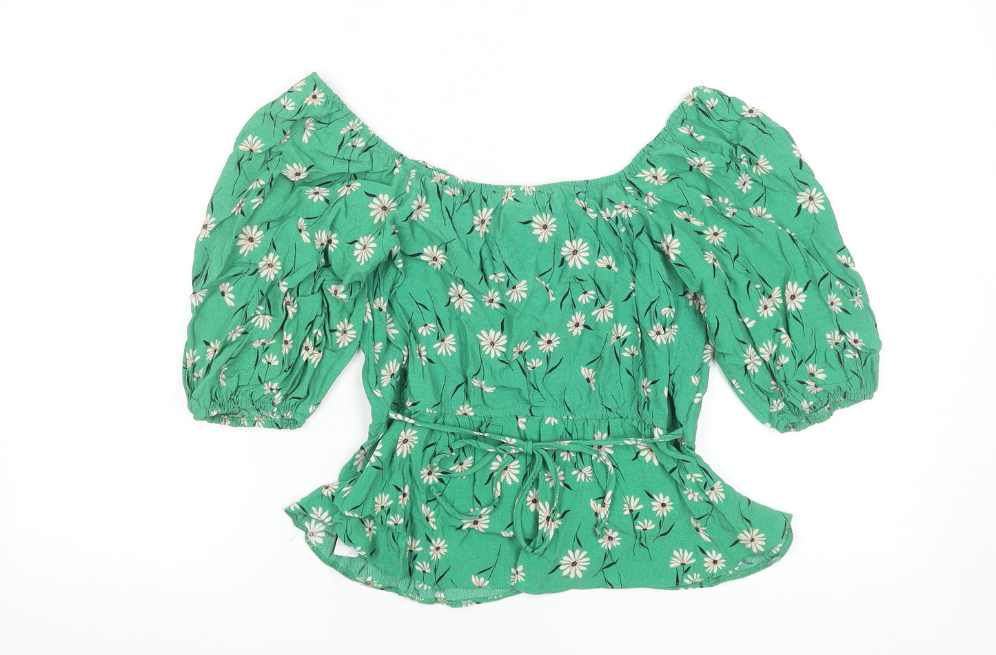 New Look Women Green Floral Peasant Blouse UK 10 Puff Sleeve Viscose Top