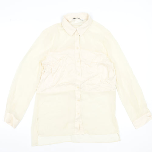 Zara Women Beige Sheer Chiffon Blouse XS Long Sleeve Collared Top