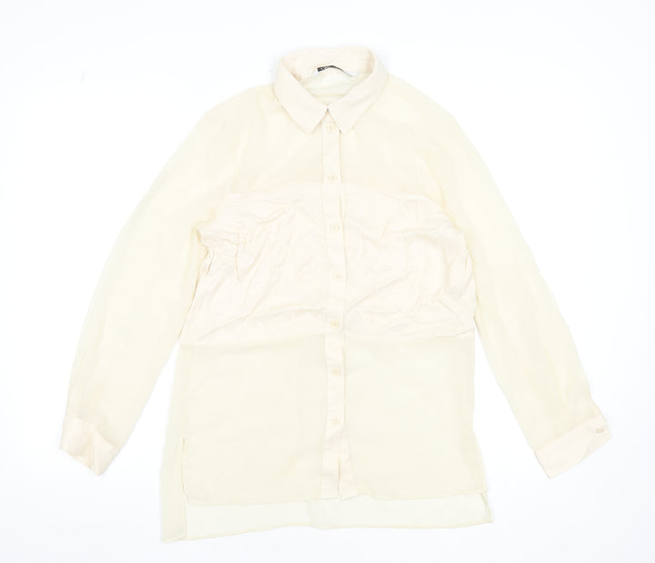 Zara Women Beige Sheer Chiffon Blouse XS Long Sleeve Collared Top