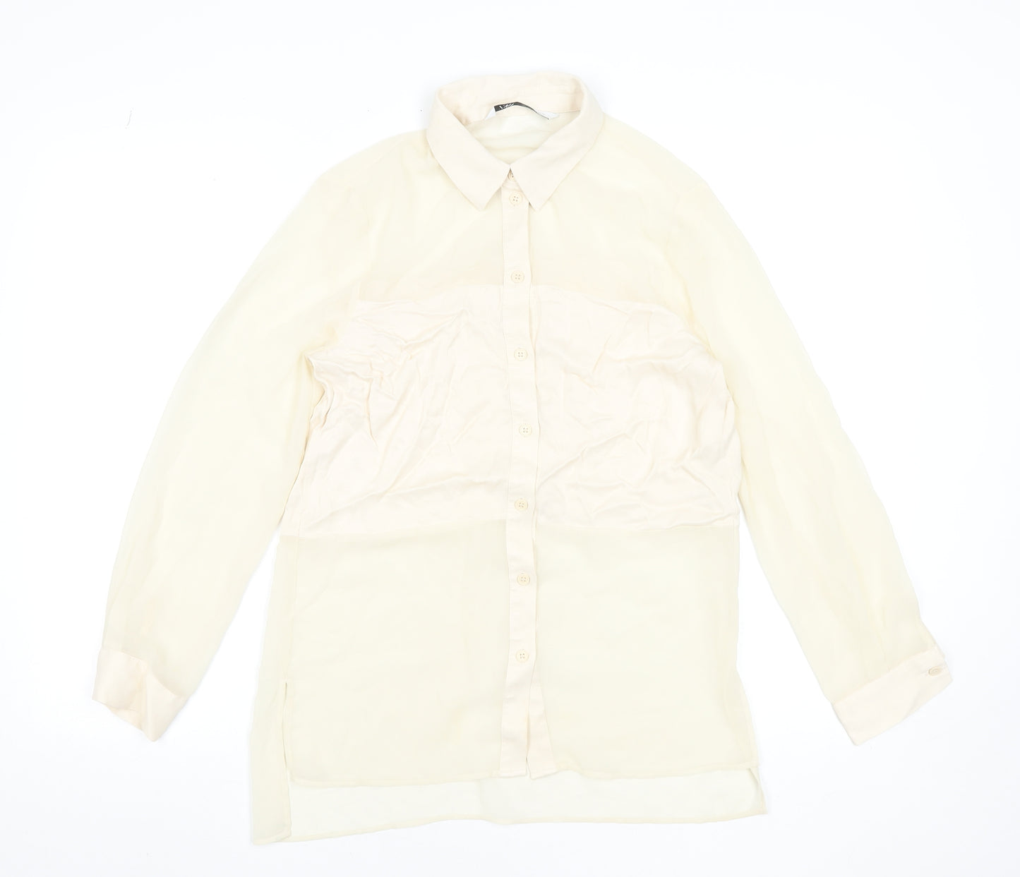 Zara Women Beige Sheer Chiffon Blouse XS Long Sleeve Collared Top