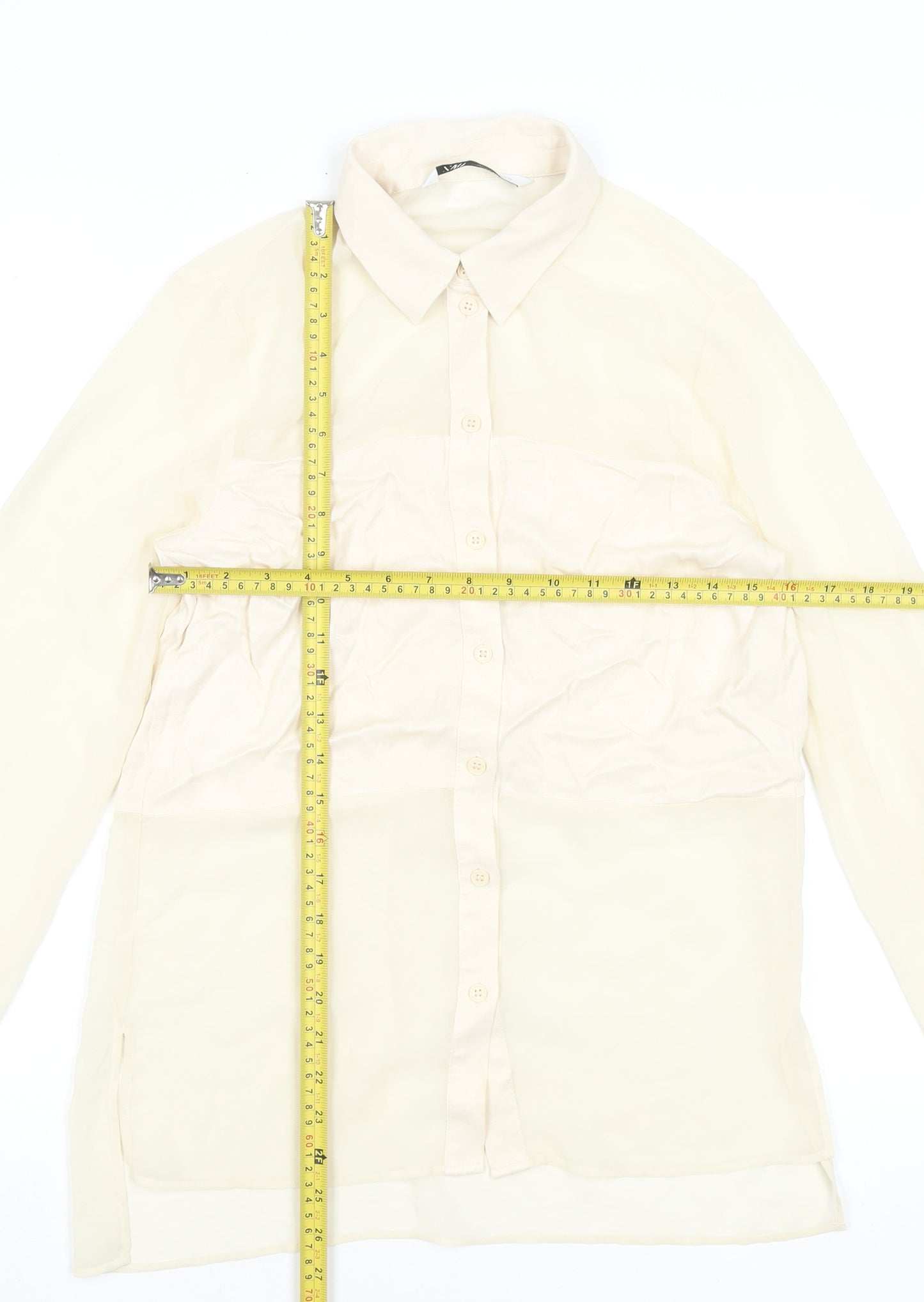 Zara Women Beige Sheer Chiffon Blouse XS Long Sleeve Collared Top