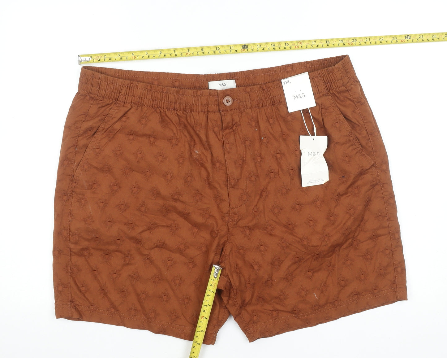 Marks and Spencer Men's Brown Chino Shorts 2XL Elastic Waist Cotton