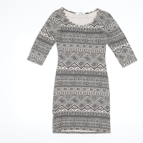 New Look Women's Black Aztec Bodycon Dress Size S 3/4 Sleeve