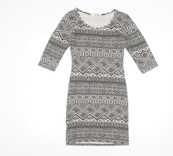 New Look Women's Black Aztec Bodycon Dress Size S 3/4 Sleeve