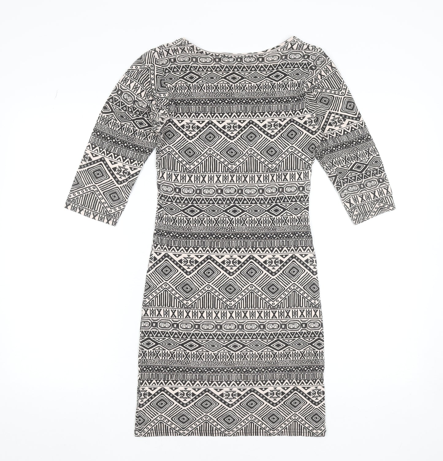 New Look Women's Black Aztec Bodycon Dress Size S 3/4 Sleeve