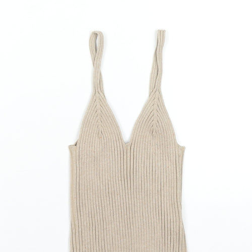 H&M Women Beige Ribbed Knit V-Neck Camisole Tank Top XS