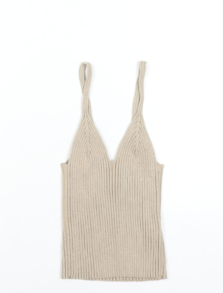 H&M Women Beige Ribbed Knit V-Neck Camisole Tank Top XS