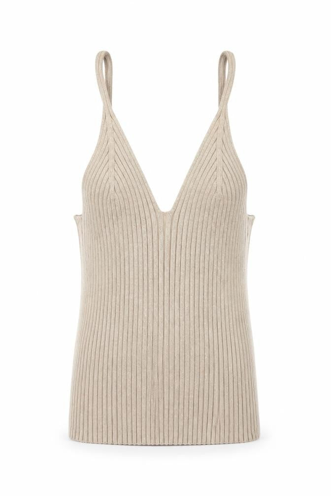 H&M Women Beige Ribbed Knit V-Neck Camisole Tank Top XS