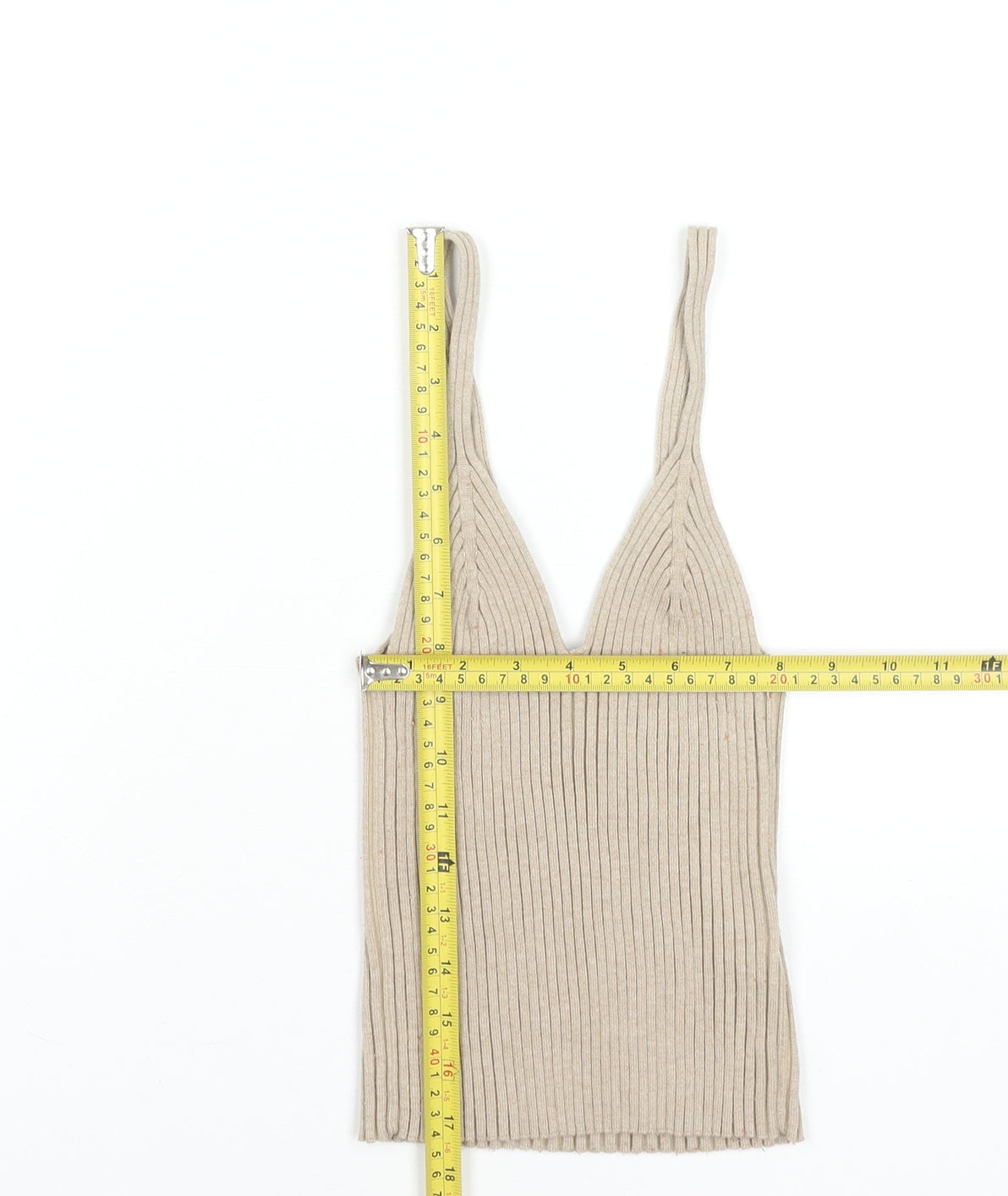 H&M Women Beige Ribbed Knit V-Neck Camisole Tank Top XS