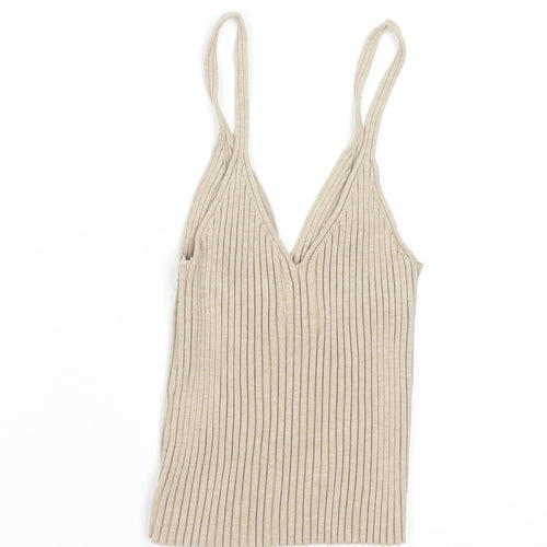 H&M Women Beige Ribbed Knit V-Neck Camisole Tank Top XS