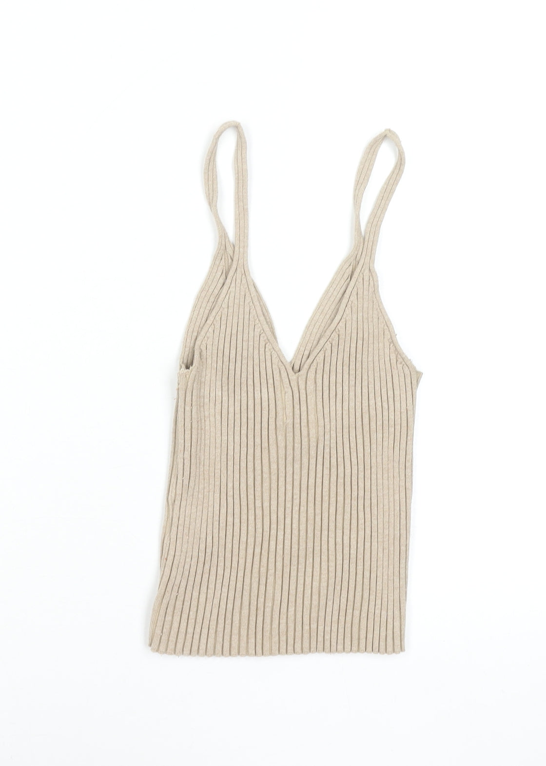 H&M Women Beige Ribbed Knit V-Neck Camisole Tank Top XS
