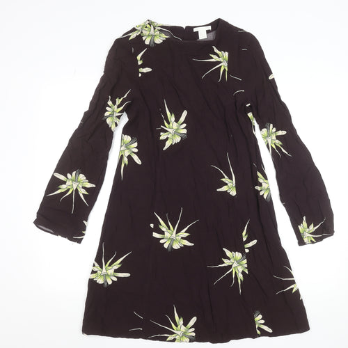 H&M Women Black Floral Shift Dress Size 8 Long Sleeve Knee Length
