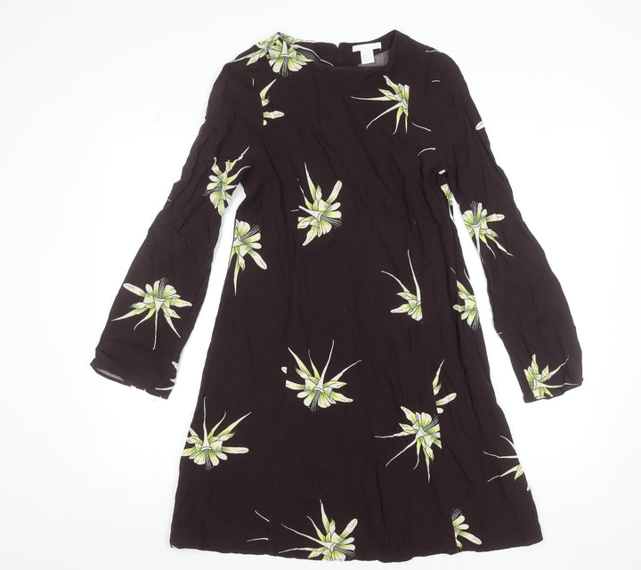 H&M Women Black Floral Shift Dress Size 8 Long Sleeve Knee Length