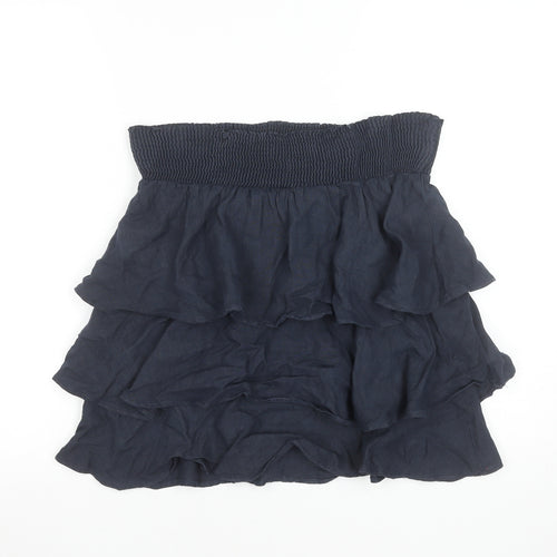 Zara Basic Women Navy Blue Linen Tiered Mini Skirt Size S