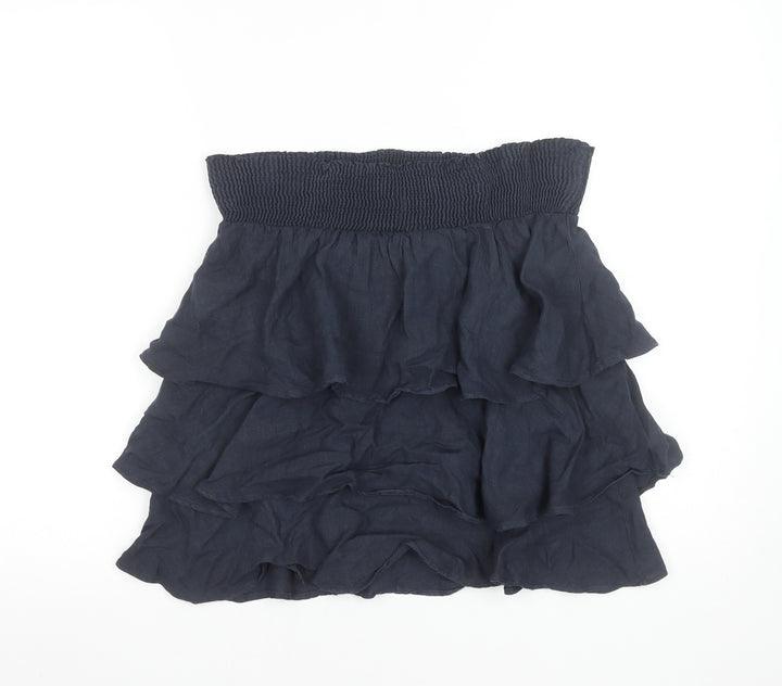 Zara Basic Women Navy Blue Linen Tiered Mini Skirt Size S