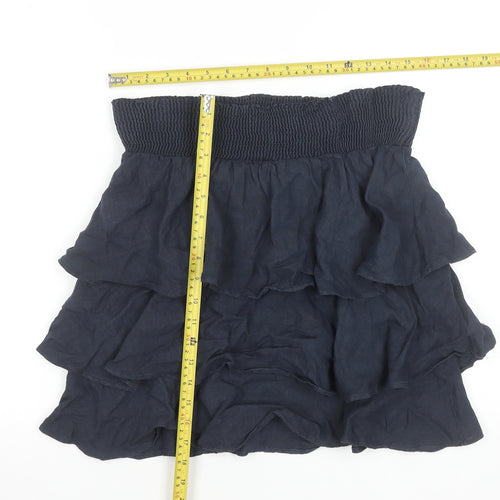 Zara Basic Women Navy Blue Linen Tiered Mini Skirt Size S