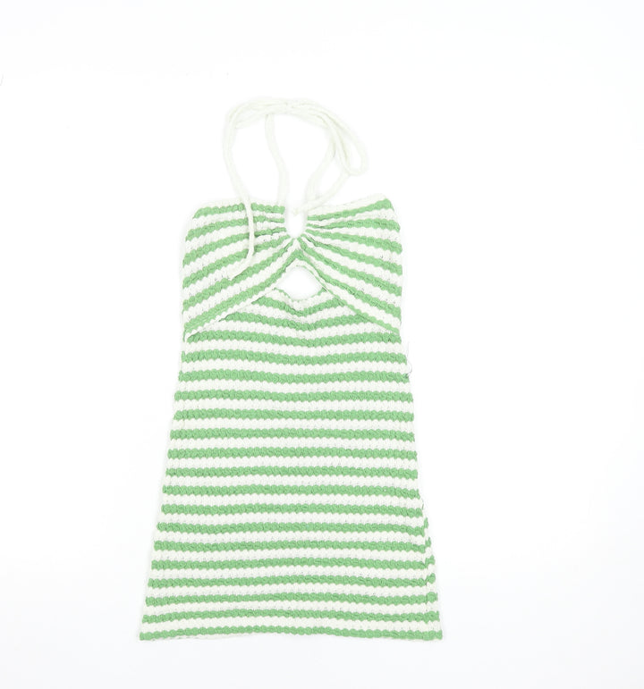 Pull & Bear Women’s Green Striped Halter Mini Bodycon Dress XS