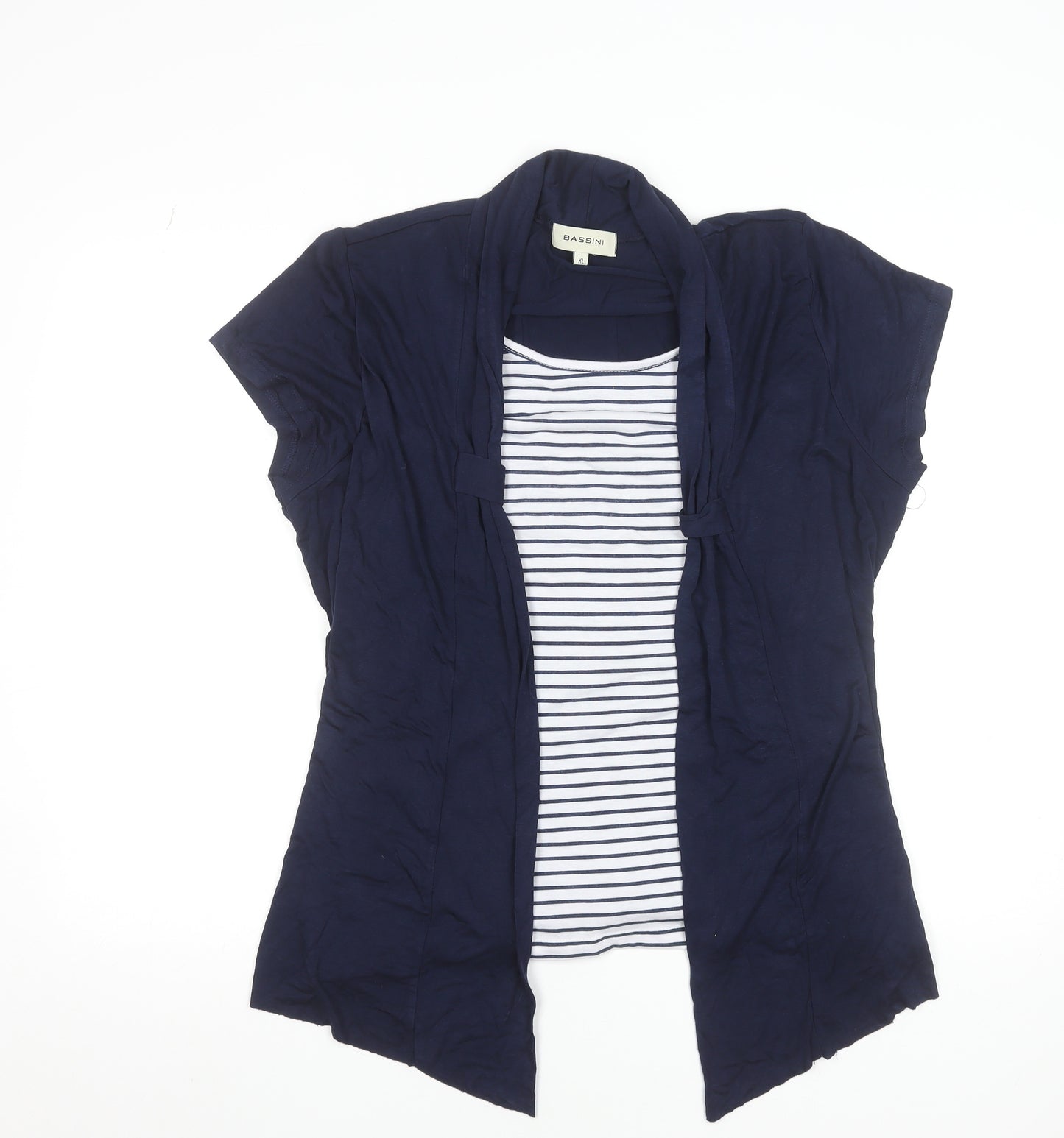 Bassini Women Blue Striped Tunic Blouse XL Viscose Short Sleeve