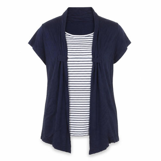 Front view of Bassini Women Blue Striped Tunic Blouse XL Viscose Short Sleeve