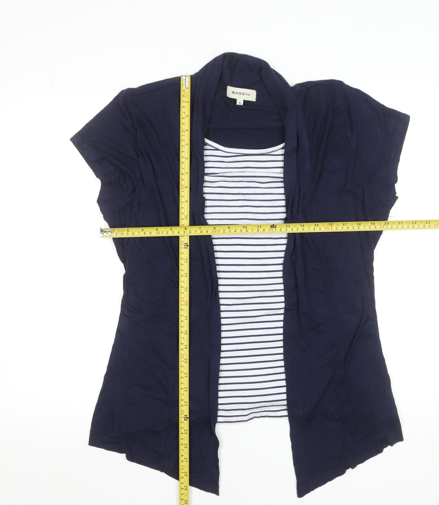 Bassini Women Blue Striped Tunic Blouse XL Viscose Short Sleeve