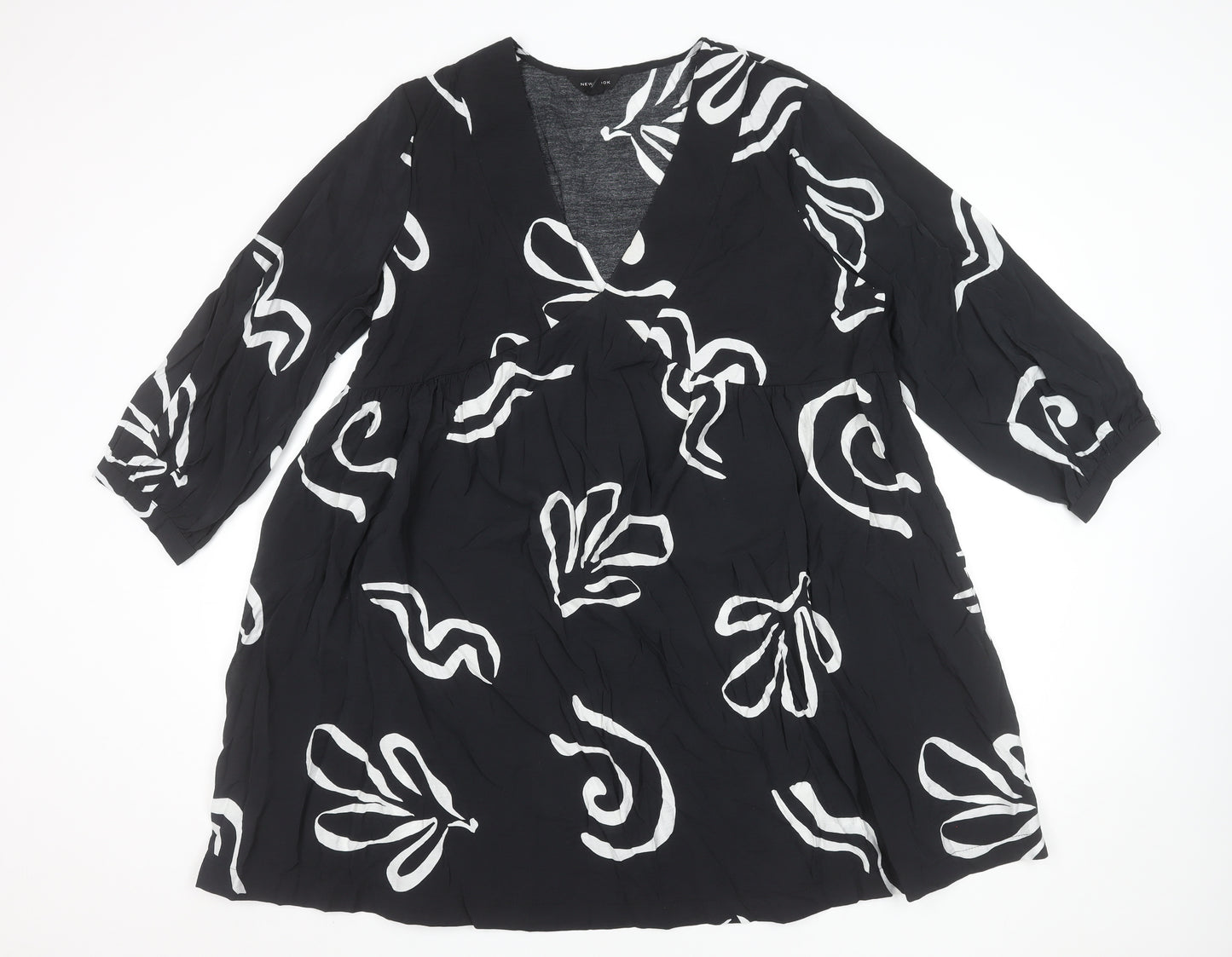 New Look Women Black Viscose A-Line Dress Size 18 V-Neck 3/4 Sleeve