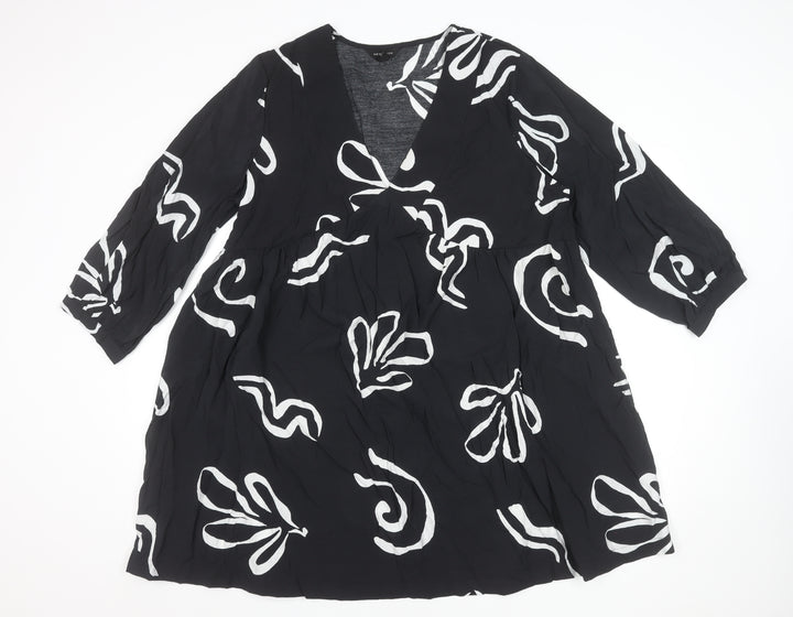 New Look Women Black Viscose A-Line Dress Size 18 V-Neck 3/4 Sleeve