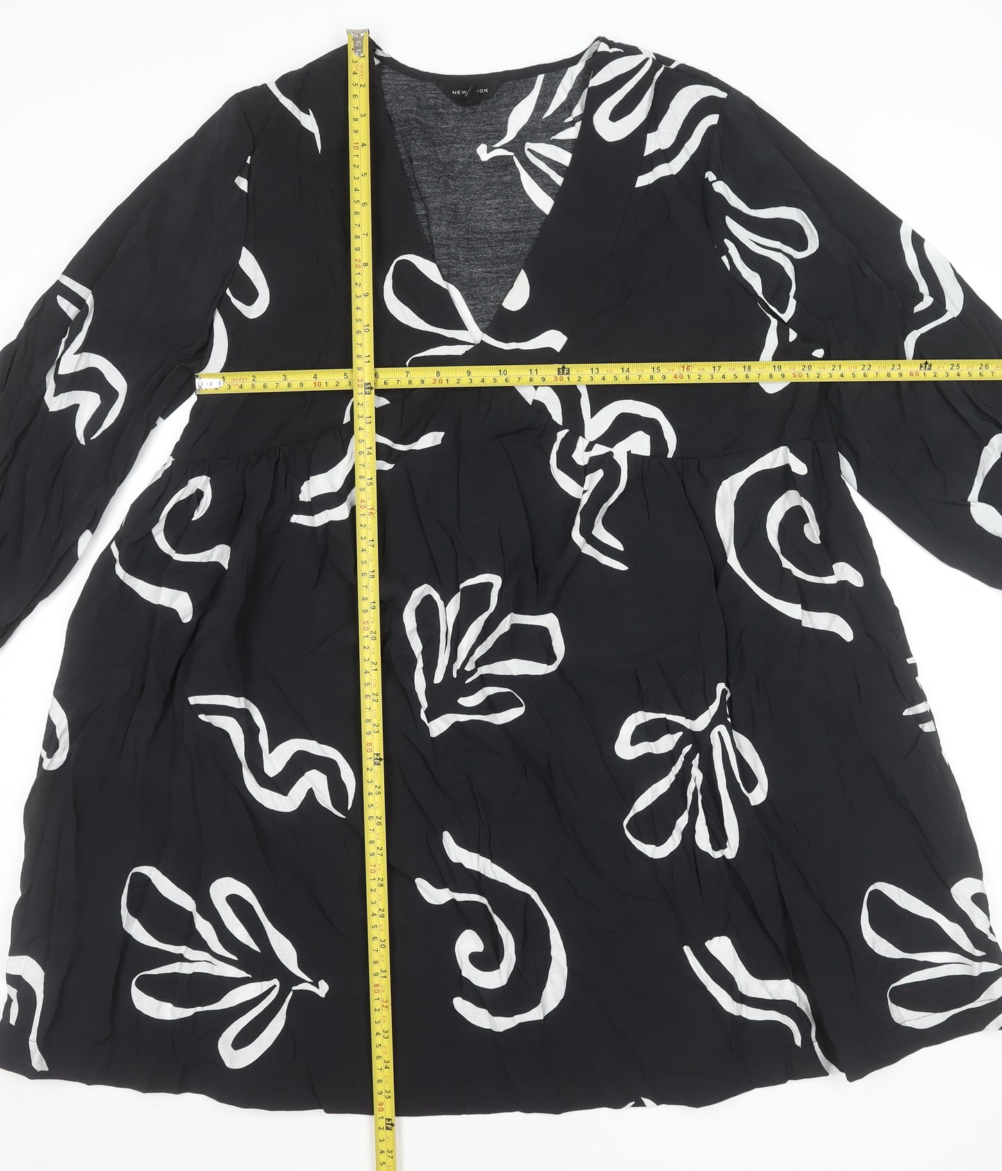 New Look Women Black Viscose A-Line Dress Size 18 V-Neck 3/4 Sleeve