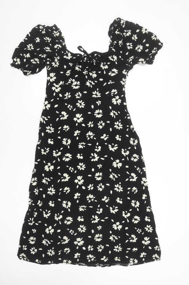 New Look Women Black Floral Puff Sleeve Midi Dress Size 10