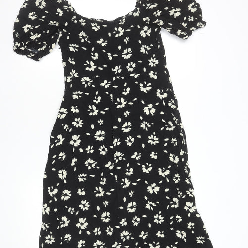 New Look Women Black Floral Puff Sleeve Midi Dress Size 10