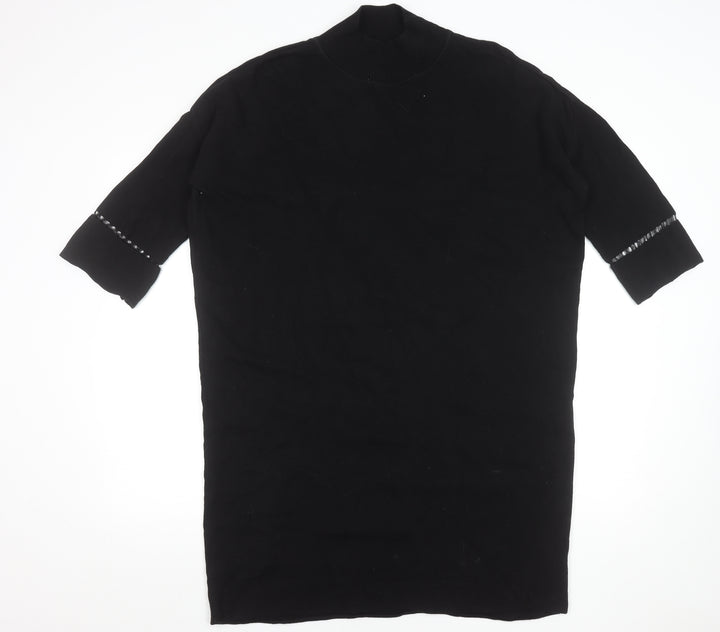 French Connection Women's Black Knit Sweater Dress M Half Sleeve Beaded Detail