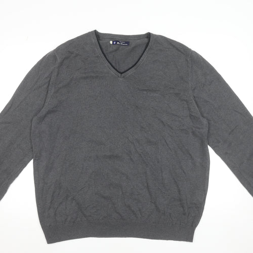 Ben Sherman Men's Grey XL V-Neck Cotton Jumper Classic Knitwear